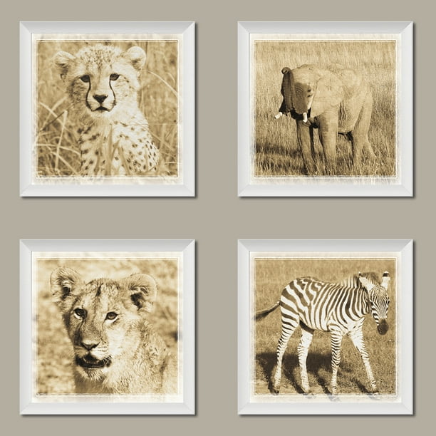 4 Baby African Safari Animals Prints Elephant Cheetah Lion Zebra Photographs Sepia Art; Four 12x12in White Framed Art Prints; Ready to hang! 4 Baby African Safari Animals Prints Elephant Cheetah Lion Zebra Photographs Sepia Art; Four 12x12in White Framed Art Prints; Ready to hang!