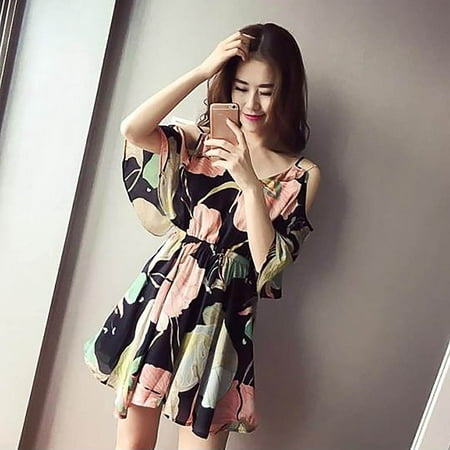 Chiffon Floral Dress New Korean Big Code Strapless One shoulder Beach Dress