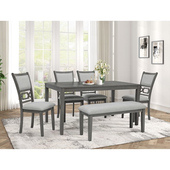 Miekor Furniture Beautiful Round 6Pc Dining Table Chair Bench Set Lower Storage Shelves Dining Room Set Wooden Furniture 49156