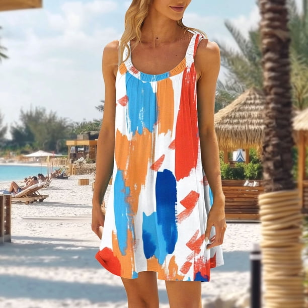 TaTaai Women‘s Sleeveless Tank Midi Dress, Flowy Loose Fit Casual Summer Dress with Ruffle Straps, Floral Print A-Line Slip Dress Gift