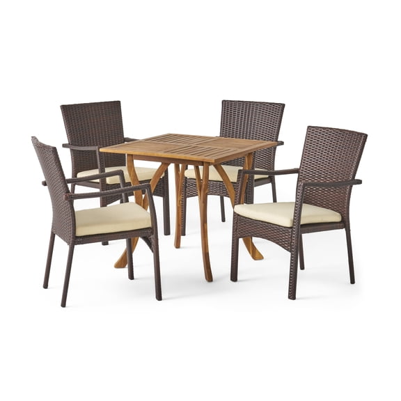 GDF Studio Courtland Outdoor Acacia Wood and Wicker 5 Piece Dining Set with Cushions, Brown, Teak, and Cream