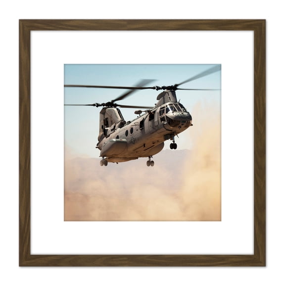 Military USA Marine Corps Helicopter CH-46E Sea Knight Photo 8X8 Inch Square Wooden Framed Wall Art Print Picture with Mount