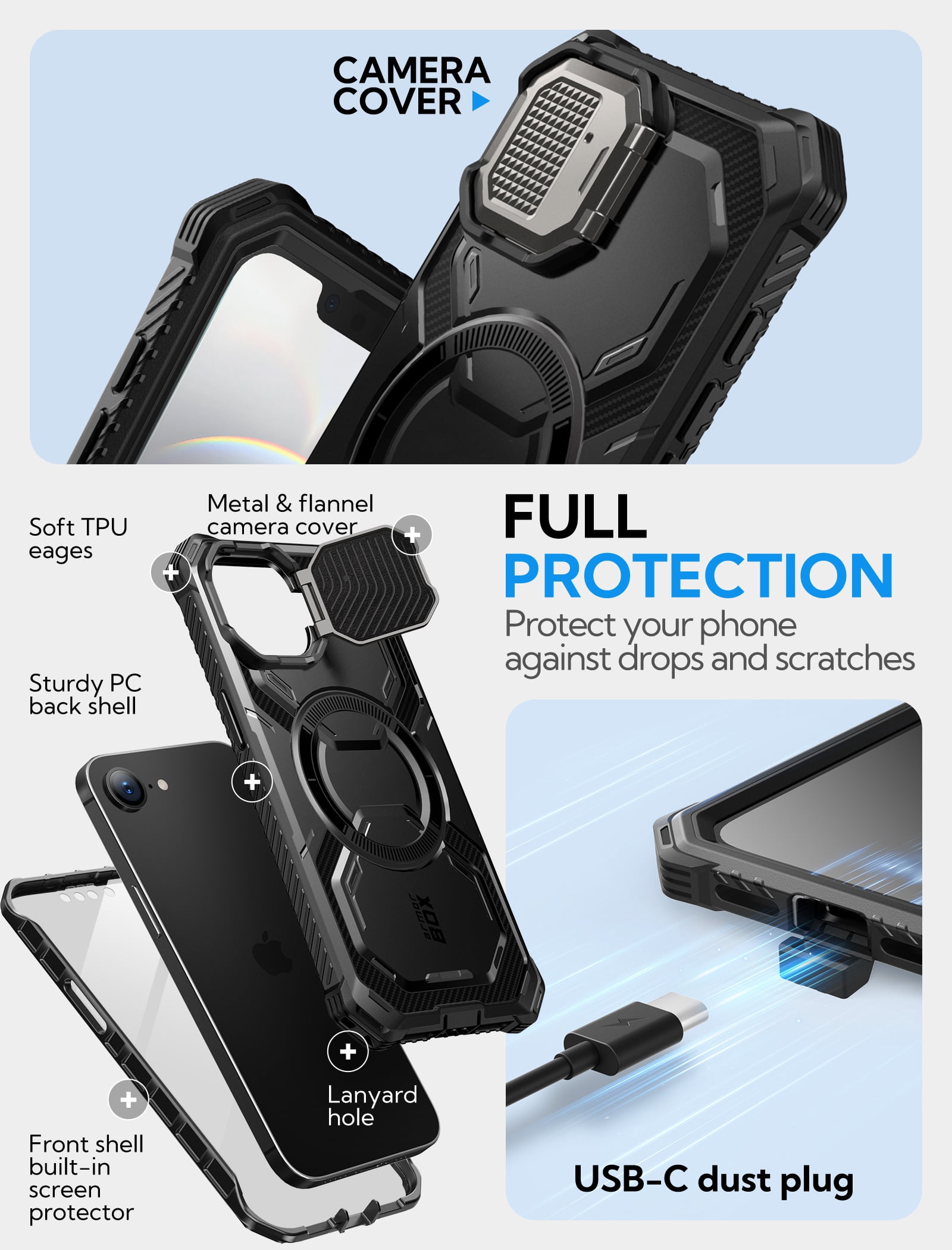 i-Blason for iPhone 17e/16e 6.1" Case with Camera Cover Stand [Built-in Screen Protector] [Wireless Charging Compatible] Full-Body Heavy Duty Military-Grade Protection Magnetic Phone Case, Black