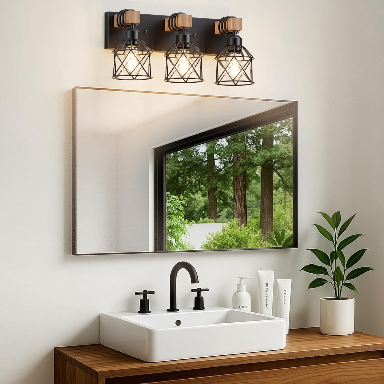 Farmhouse Vanity Light for Bathroom, 3-Light Wood Bathroom Vanity Light Fixtures Over Mirror, Black Rustic Wall Sconce with Cage Metal Lampshade, Vintage Wall Lights for Bedroom, Living Room, Hallway