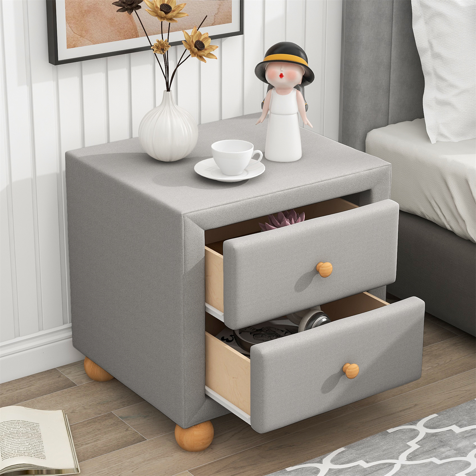 Upholstered Storage Nightstand with 2 Drawers, Modern Wooden Bedside