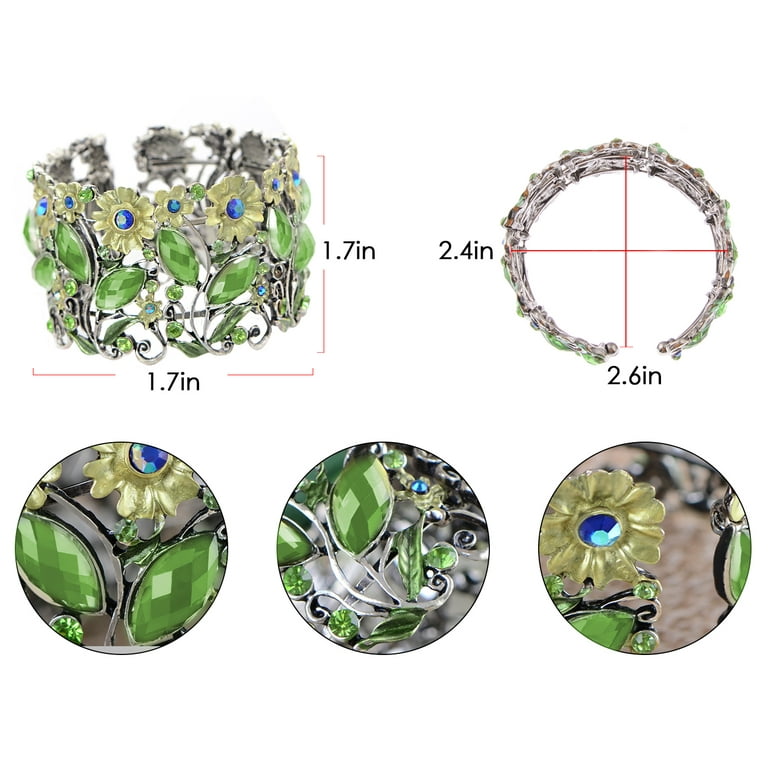 ブレスレット Green Floral Stone Cuff Bracelet Antique Floral Green Blue Crystal Rhinestone Yellow Flower