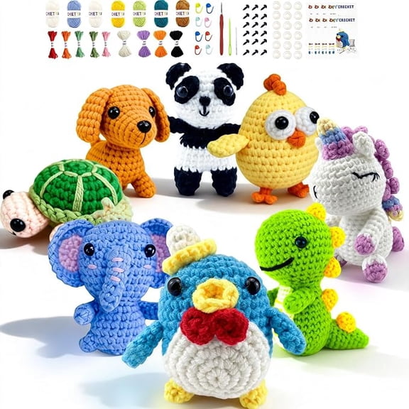 Cosminy Crochet Kit for Beginners Kids & Adults, 8 Pcs Amigurumi Animals Crochet Kit, Step-by-Step Video Tutorials & Yarn, Christmas Birthday Holiday Gift