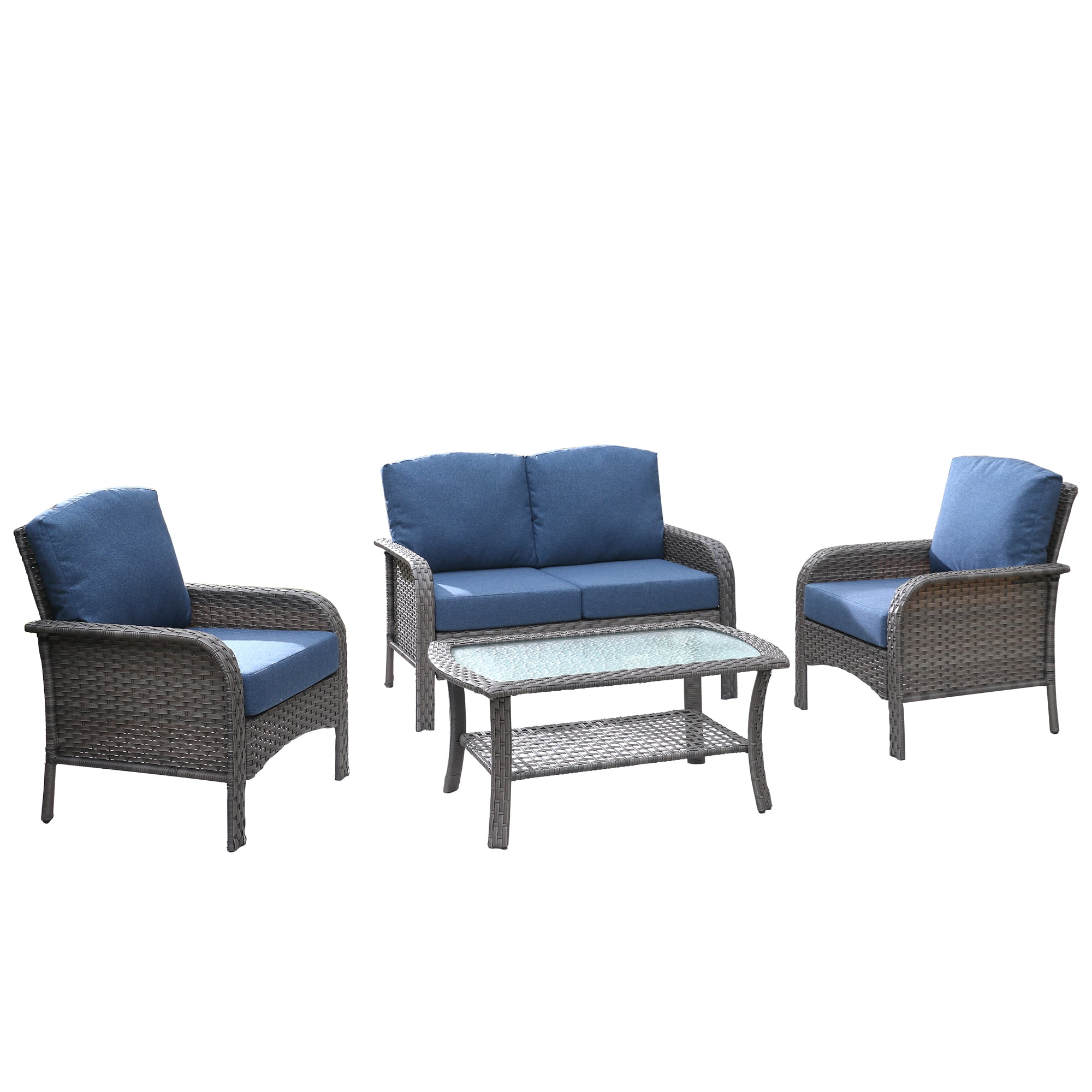 XIZZI 4 Pieces Wicker Patio Furniture All Weather Outdoor Conversation Set with Cushions High Back Rattan Patio Seating Set with Coffee Table for Backyard, Denim Blue