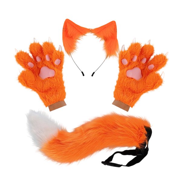 Conjunto de diadema con orejas de animal y guantes de cola para disfrazarse de una hermosa cola larga para fiestas temáticas. Naranja