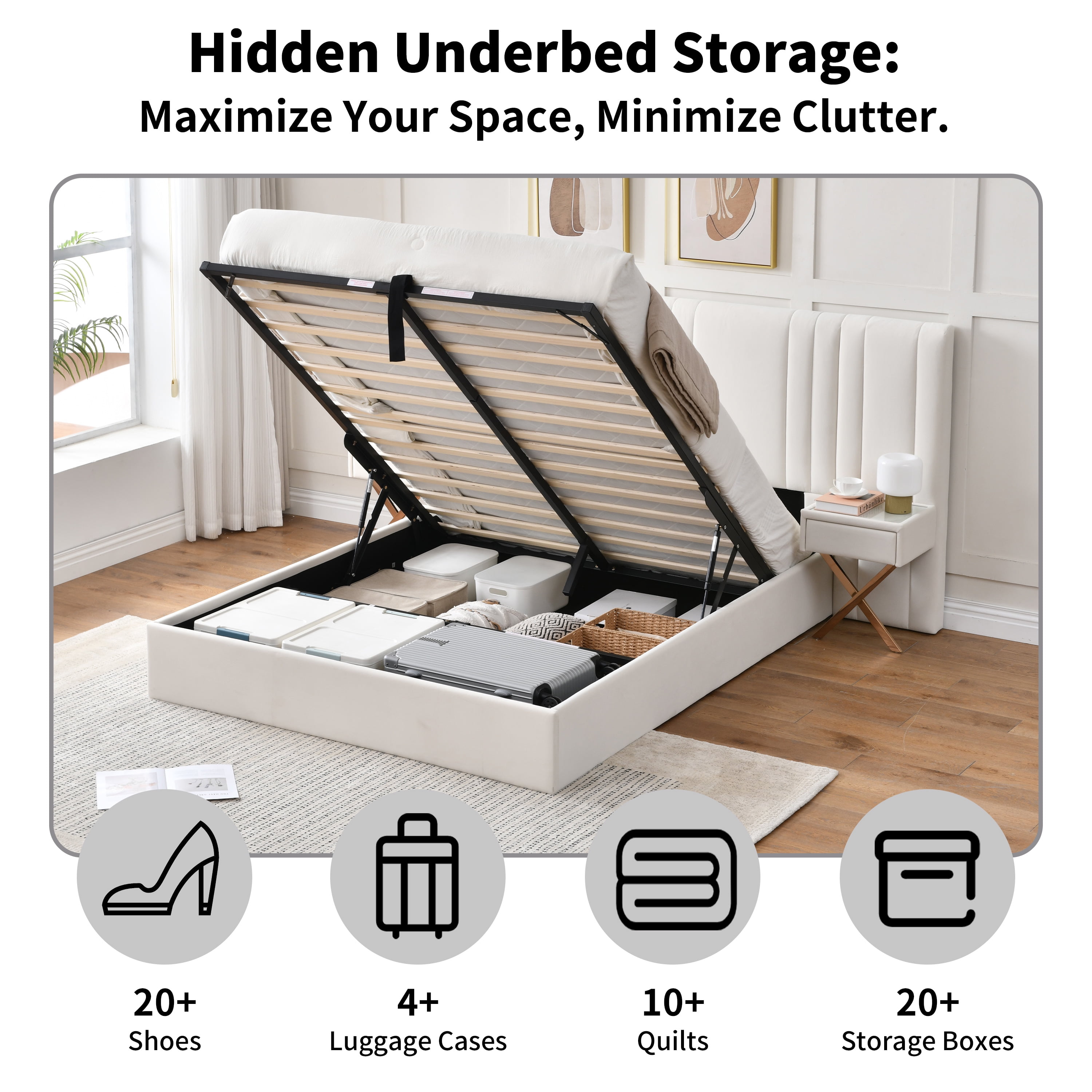 Queen Upholstered lift up Storage Bed Frame with Oversized Headboard, Built-in Nightstands and Wood Slat Support, No Box Spring Needed, Cream