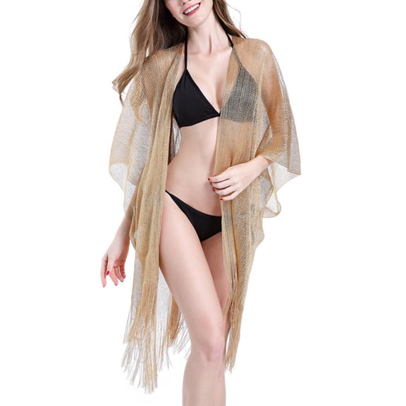 Womens Metallic Glitter Color Swimsuit Cover Up Long Tassels Asymme