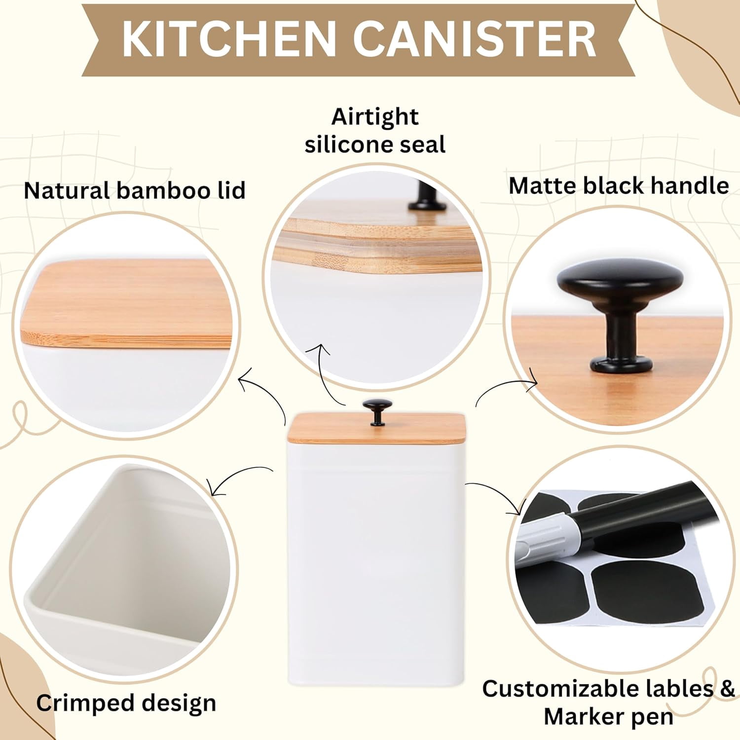 Perfnique Kitchen Canisters, Farmhouse Kitchen Counter Set of 4, Coffee Tea Sugar Jars Food Storage Container (White)