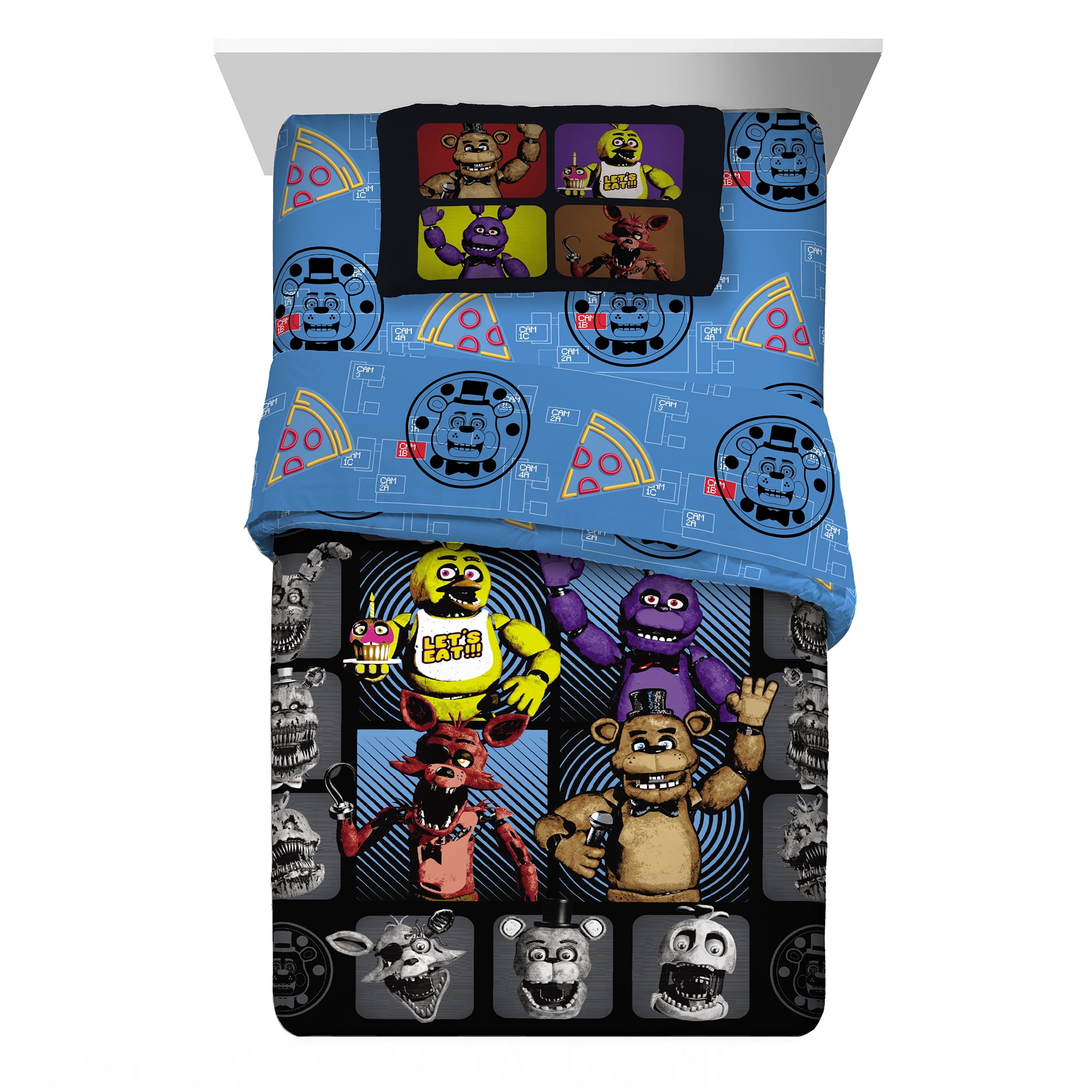 Five Nights at Freddy's Kids 4 Piece Black Blue Reversible Comforter, Bed in a Bag, Twin