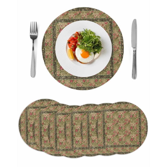 Sage Green Boho Round 15 Inch Placemats Set of 6, Vintage Ethnic Tribe Abstract Art Floral HeatResistant Non Slip Place Mats for Dining Table, Wipeable Braided Kitchen Table Mats for Housewarming