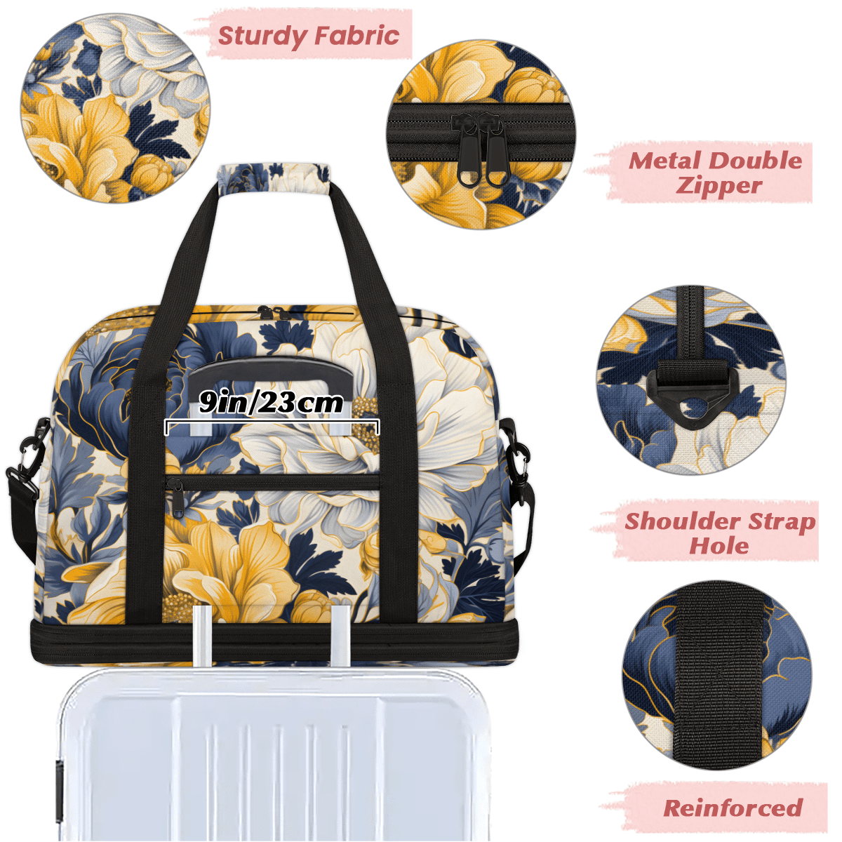 Herdesigns Navy Blue Floral Foldable Travel Duffle Bag for Women and Men Lightweight Carry On Overnight Bag Yellow Flowers Gym Luggage Weekender Bags with Shoe Compartment