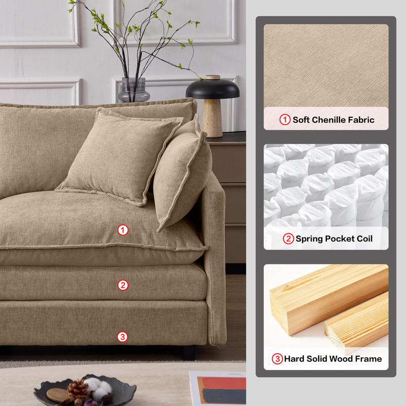 105" Modular Sectional Couch, 3-Seater Soft Chenille L-Shaped Sofa with Ottoman, Upholstery Sofa Couch with Pocket Coil & High-Density Foam for Living Room