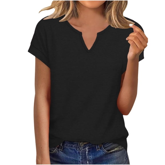 successthop V Neck T Shirts for Women Short Sleeve Trendy Tops Breathable Pullover Lightweight Clothes Solid Shirt Black