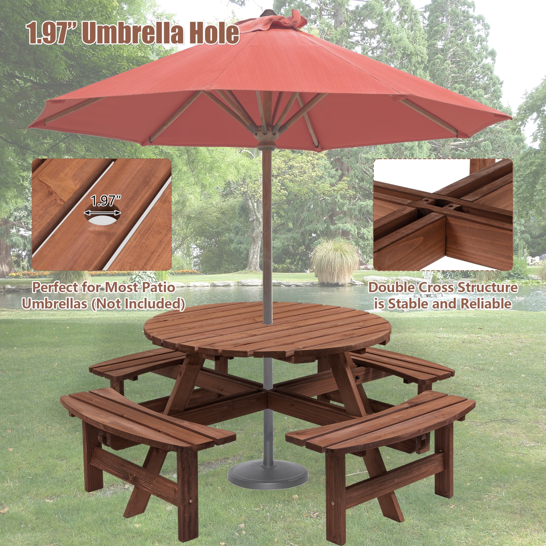 Noble House Isolde 8-Seat Circular Picnic Table with Built-in Benches and Umbrella Hole, Outdoor Fir Wood Set, Brown