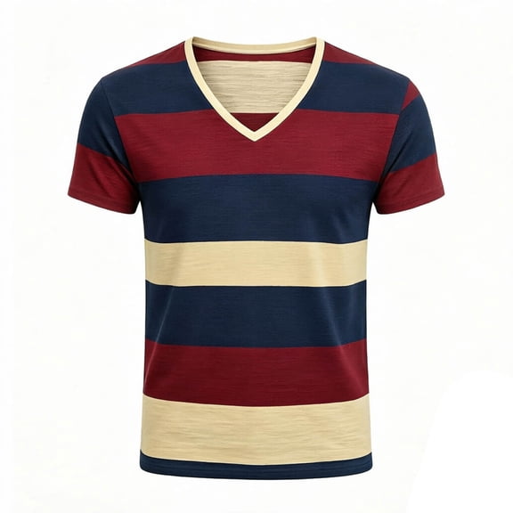 XIAONU Men's Retro Bold Color-Blocked Striped V-Neck T-Shirt Short-Sleeve Slim-Fit Casual Everyday Top