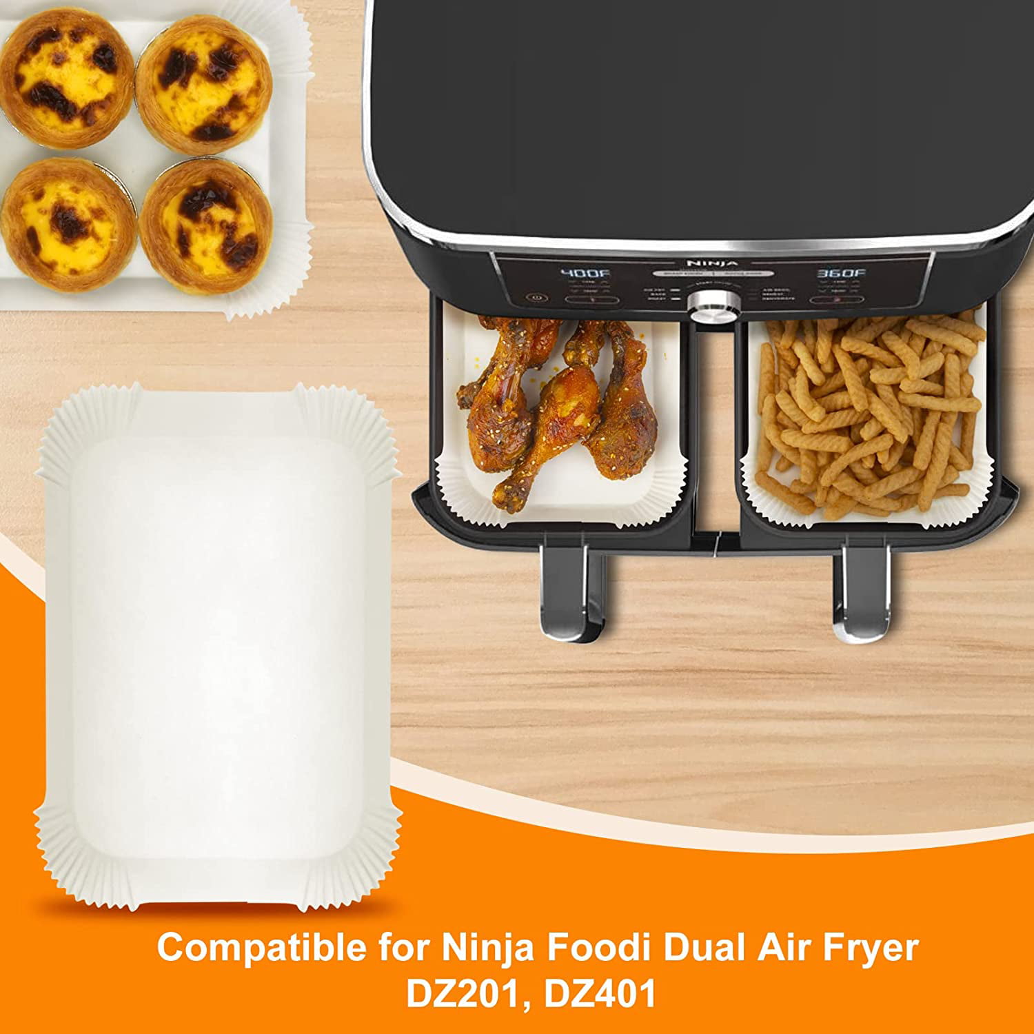 100PCS Air Fryer Disposable Paper Liner for Ninja Dual,10x 7'' Non-Stick  Air Fryer Liners Rectangle , Air fryer Parchment Liners for Ninja DZ201Air