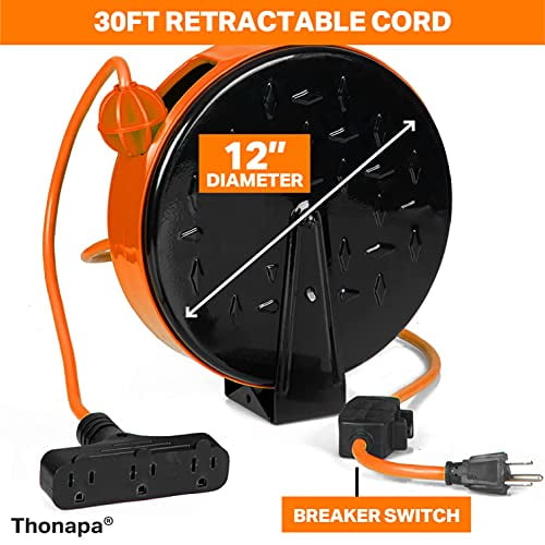 Thonapa 30 Ft Retractable Extension Cord Reel with Breaker Switch and 3 Electrical  Power Outlets - 16/3 SJTW Durable Orange Cable - Perfect for Hanging from  Your Garage Ceiling 