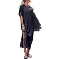 thumbnail image 4 of Lucakuins - Vestido de playa informal de verano para mujer, color sólido, manga corta de murciélago, cuello redondo, vestido dividido Lucakuins  moda, 4 of 8