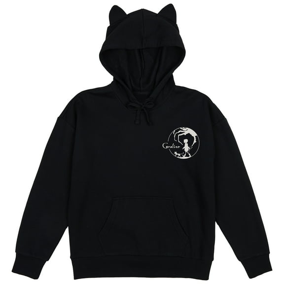 Coraline Character Silhouette & Branches Women's Black Long Sleeve Hooded Sweatshirt-Medium