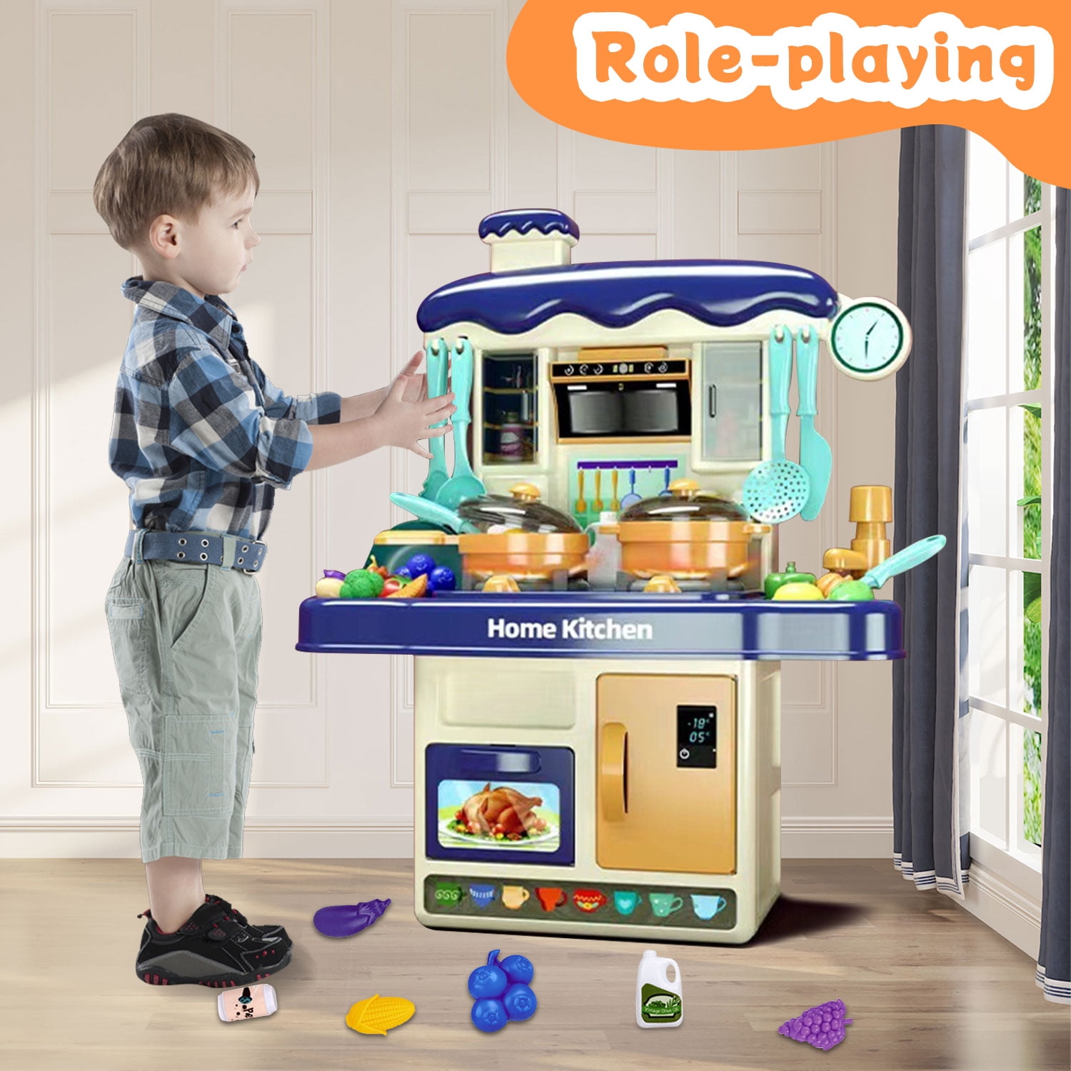 Seenda Little Kitchen Playset, Kitchen Toy Set with Realistic Sound & Light, Play Sink, Cooking Stove, Play Food and Kitchen Accessories for Toddlers Kids (Mini, Blue)