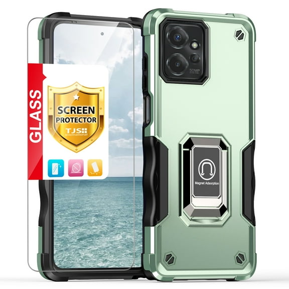 TJS for Motorola Moto G Power 2023 Phone Case, with Tempered Glass Screen Protector, [Military Grade] Heavy Duty Magnetic Support Ring Kickstand Cover for Moto G Power 2023 (Green)