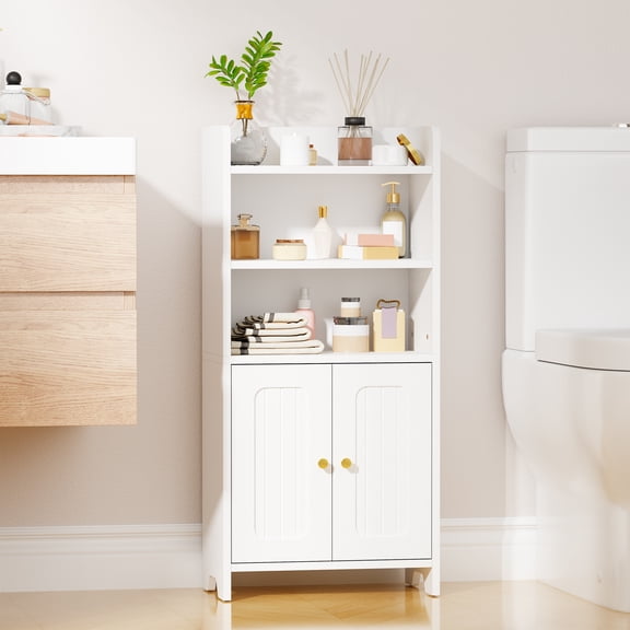 BEWISHOME White Bathroom Floor Cabinet, Storage Cabinet with Doors & Adjustable Shelves, Wooden Cupboard for the Living Room, Bedroom