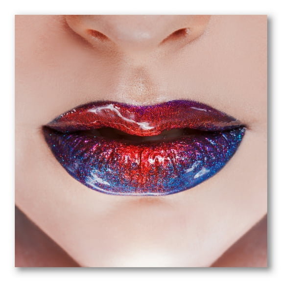 Designart ' Beautiful Women Lips With Red and Blue Lipstick ' Modern Canvas Wall Art Print