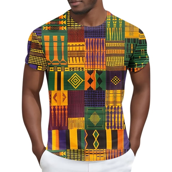 Short Sleeve Shirts for Men, Kente Cloth Pattern Short Sleeve Printed T Shirts for Men Loose Fit Tee Casual Lightweight Round Neck Tops