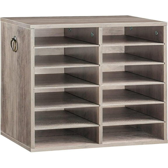 Literature Organizers, 12 Compartments Office Mailbox with Adjustable Shelves, Wood Countertop Literature Sorter for Office, Home, Classroom, Mailrooms Organization Greige