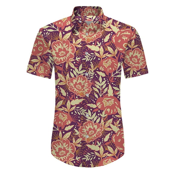 nsendm Mens Shirt Adult Male Shirt Mens Corduroy Shirt Jacket Custom Logo Chest Pocket Slim Fit Short Sleeve Floral Print Holiday Beach Casual Mesh(Red,3XL)