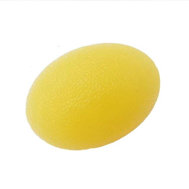 pelotas para ejercicios de mano, pelota antiestrés, fortalecedor muscular, rehabilitación para dedos, muñecas, terapia, artritis, silicona, 3 resistencias shuxiu wang 9024715000149 Pelota antiestrés amarilla, vista 3/4 centrada con superficie texturizada de silicona y forma ovalada; diseñada para apretar con dedos y muñeca, portátil para uso en oficina, viaje o en casa y a menudo usada también para aliviar tensión mientras se estudia o mira televisión.