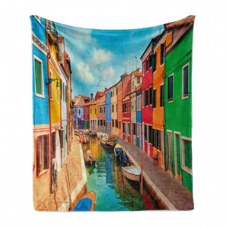 

Venice Soft Flannel Fleece Blanket Colorful Buildings and Water Canal with Boats Burano Island in the Venetian Lagoon Cozy Plush for Indoor and Outdoor Use 70 x 90 Multicolor by Ambesonne