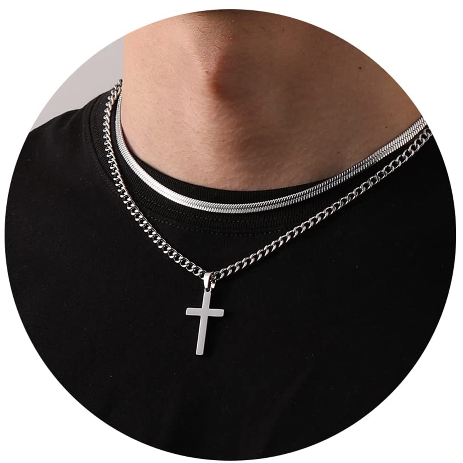 APSVO Layered Silver Cross Necklaces for Men Boys Stainless Steel Cuban Herringbone Pendant Chain Set Religious Christian Birthday First Communion Graduation Fathers Day Jewelry Gifts Teen Adult Kids