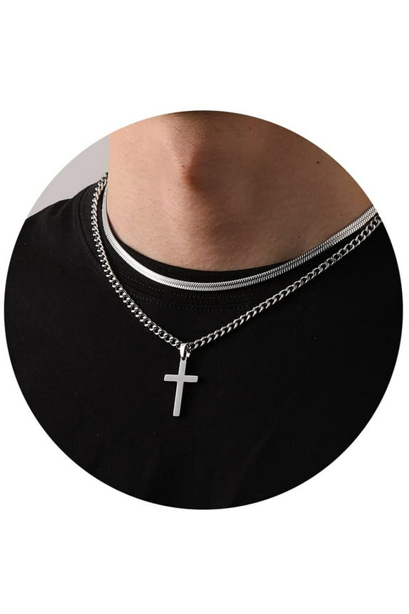 Layered Silver Cross Necklaces for Men Boys Stainless Steel Cuban Herringbone Pendant Chain Set Religious Christian Birthday First Communion Easter Basket Stuffers Jewelry Gifts Teen Adult Kids