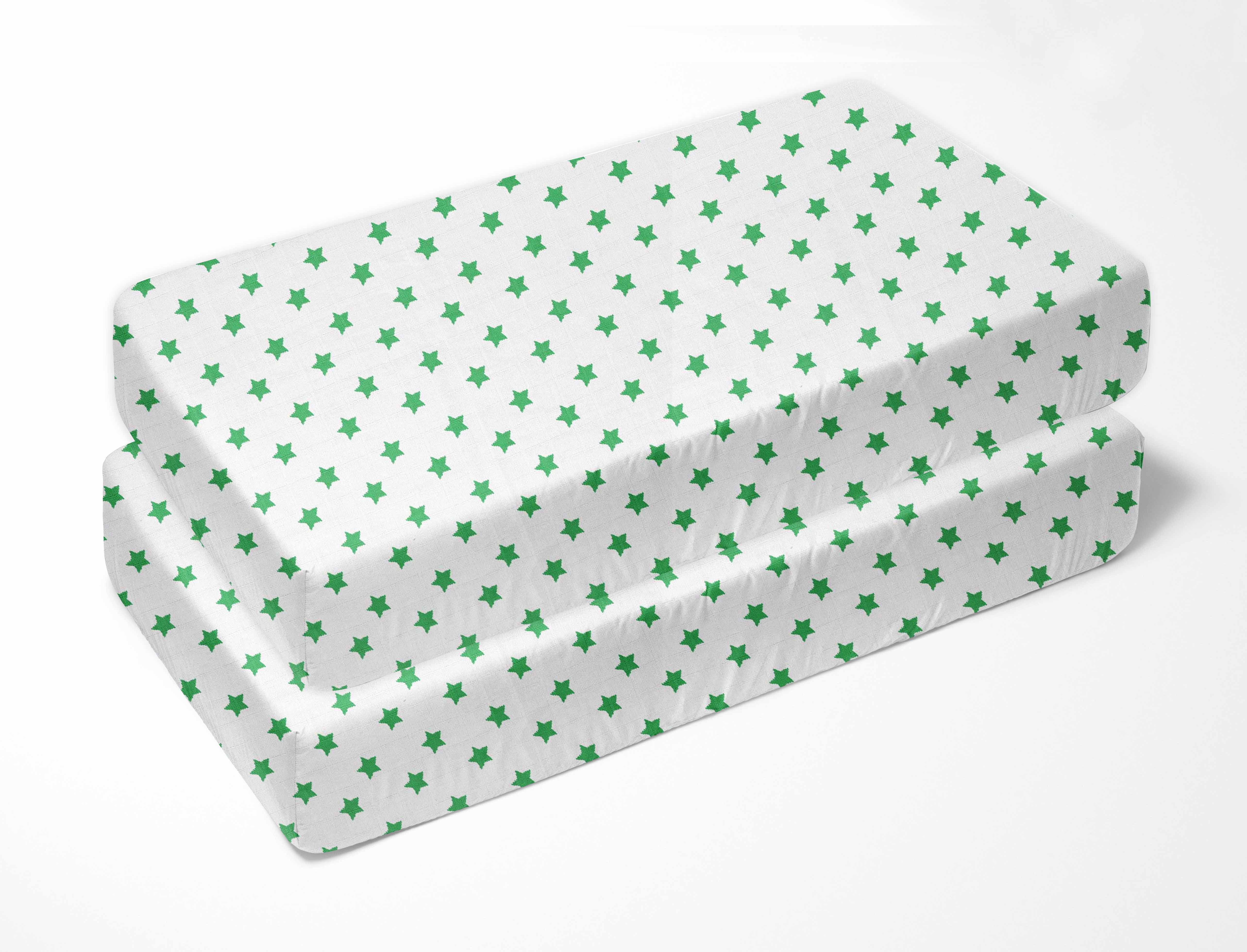 Bacati - Stars Crib/Toddler Bed Fitted Sheets 100% Cotton Muslin 2 Pack, Green