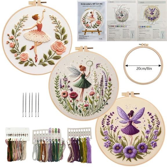 3 Fairies Embroidery Kits for Christmas with Hoop, Color Threads, Needles Craft for Beginners