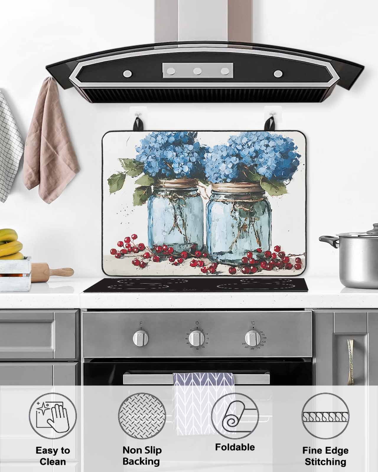nqOlkjepod Large Induction Cooktop Protector Mat 24"x21", Vintage Flowers Stove Top Covers for Electric Stove, Bottle Hydrangeas Floral Fruit Plant Stove Burner Cover Mats, Glass Top Stove Cover