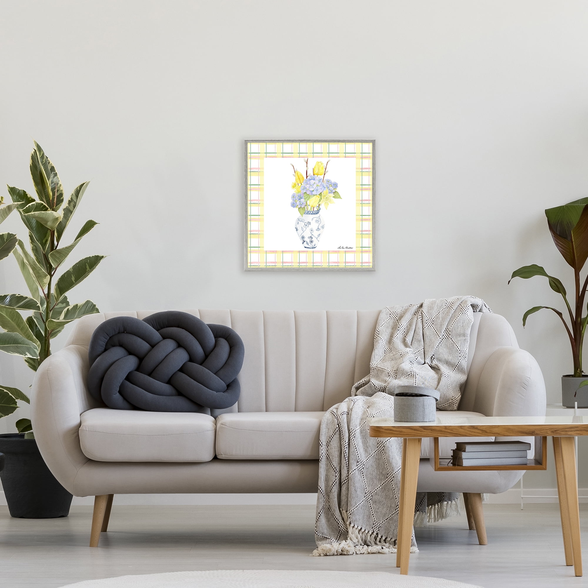 Spring Vase on Yellow Plaid Gray Framed Giclee Art, design by Lee Ann Sanders