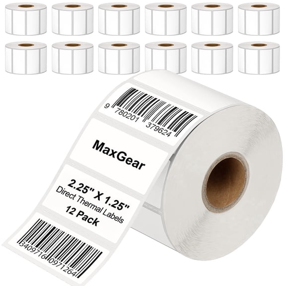 MaxGear 2.25" x 1.25" Direct Thermal Labels, 12 Rolls, 1000 Labels/Roll, Perforated Barcode & Address Stickers with Permanent Adhesive, Compatible with Rollo and Zebra