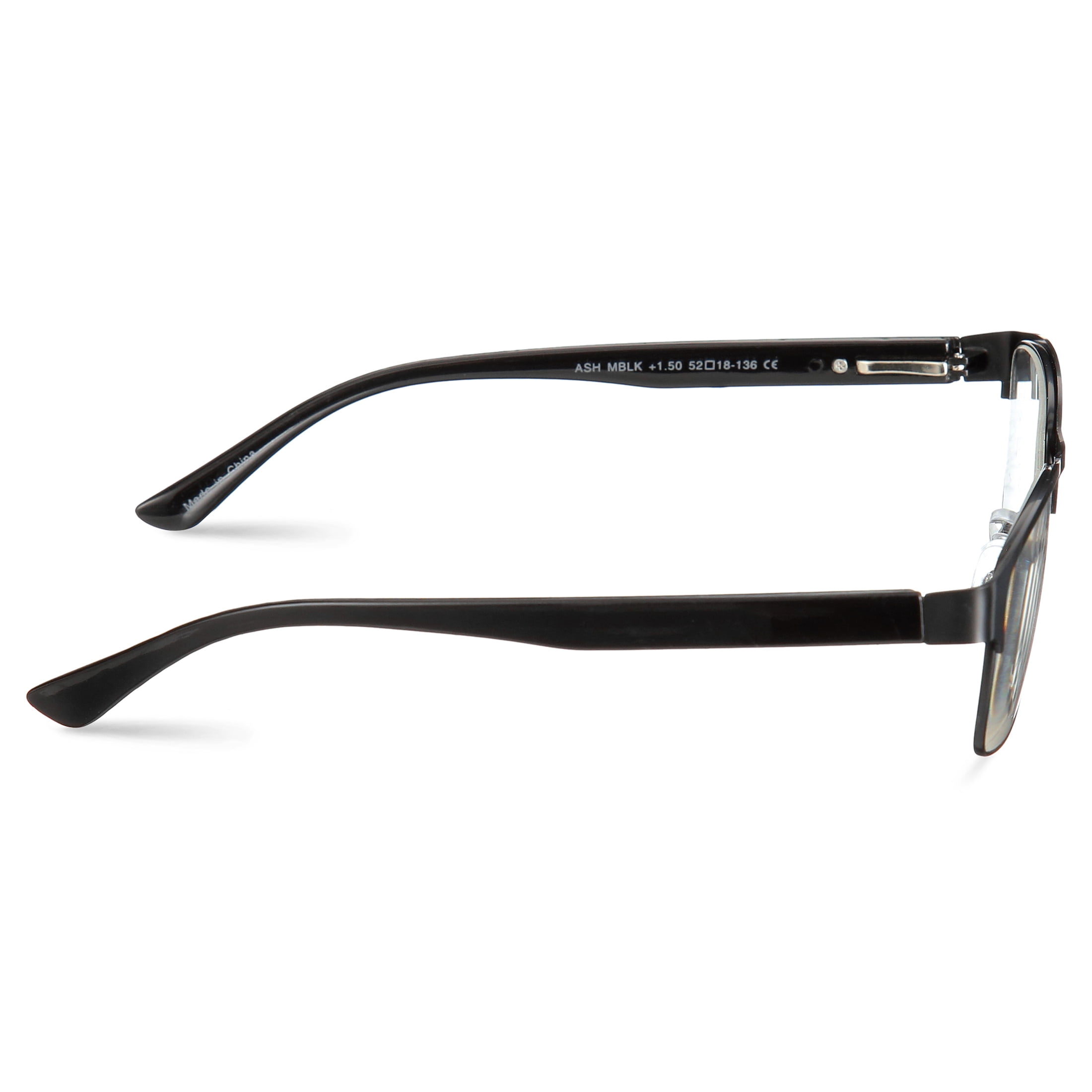 M+ Men's Ash +1.50 Rectangle Reading Glasses with Case, Black Matte