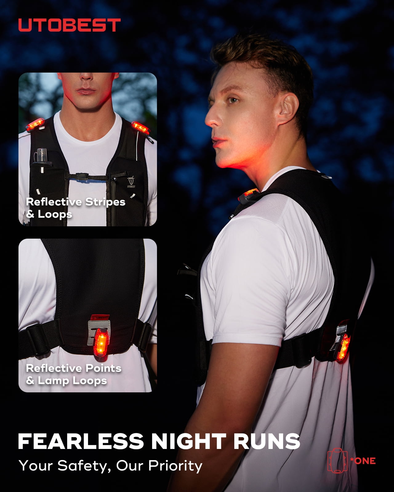 UTOBEST UTR113 Reflective Running Vest Hydration Pack Adjustable Phone Holder with 500ml Soft Flask and Led Light, S
