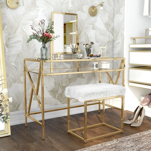 Davila Steel 3-Piece Vanity Set with Shelf, Champagne