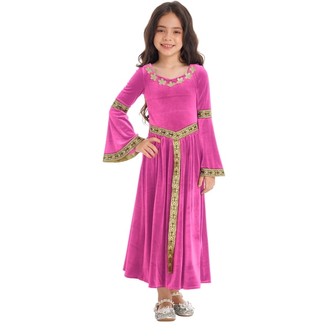 Robe de Princesse Médiévale pour Filles Robe Maxi Vintage de la Renaissance Tenue de Fête Rose Vif 12