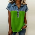 thumbnail image 2 of Yeaiivve Patchwork Denim Shirts for Women Collared Cap Sleeve Tops Buttons Up Stitching Henley Tops Trendy Casual Pullover T-Shirts Green,M, 2 of 6