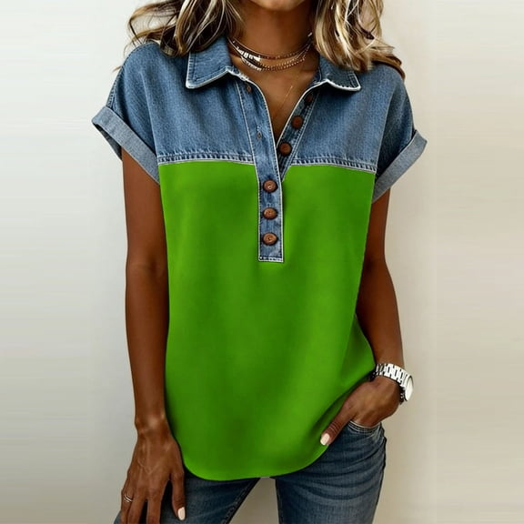 ClodeEU Women's Notch Collar Patchwork Denim Short Sleeve Shirt ,Trendy Casual Blouse Green,Womens Plus S
