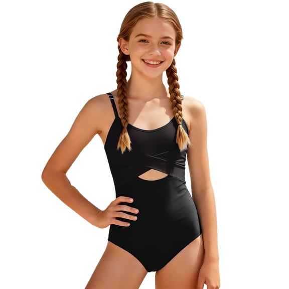 Girl Swimsuit One Piece Cutout Ruched Bathing Suit for Girls Color Block Adjustable Straps Pad Swimwear 7-16y(Black,11)